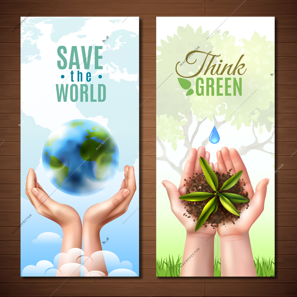 Ecology set of vertical banners with realistic female hands, planet earth, sprout, water drop isolated vector illustration