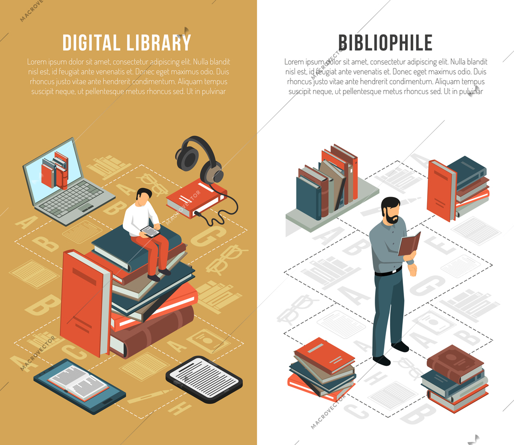 Set of two vertical isometric book reading banners with bibliophile human characters books and gadgets flowchart vector illustration