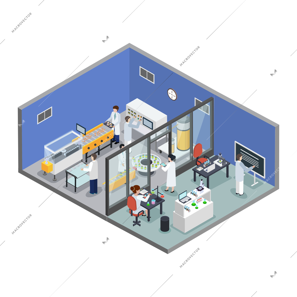 Pharmaceutical innovations scientific research lab and experimental medicine test production facility isometric background composition vector illustration