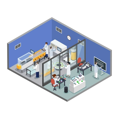 Pharmaceutical innovations scientific research lab and experimental medicine test production facility isometric background composition vector illustration
