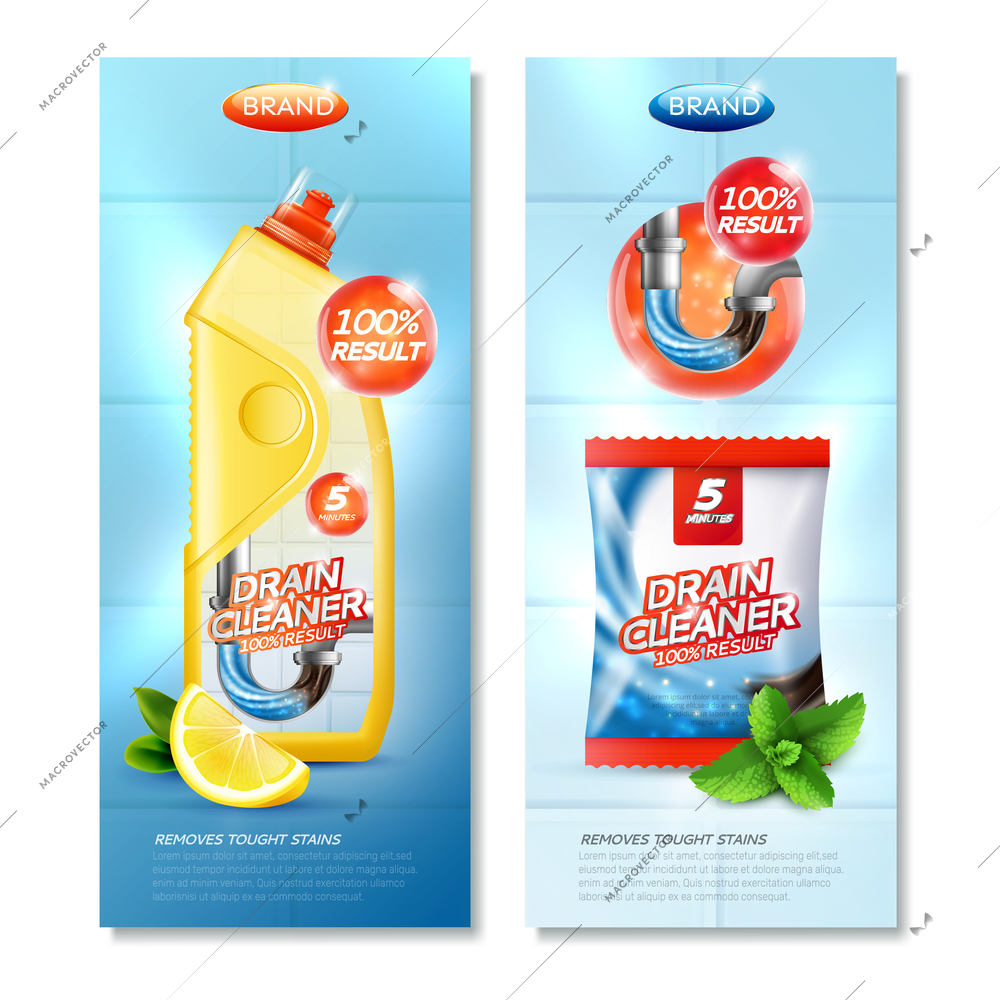 Drain cleaner vertical advertising banners set with realistic images of product packages lemon and mint slices vector illustration