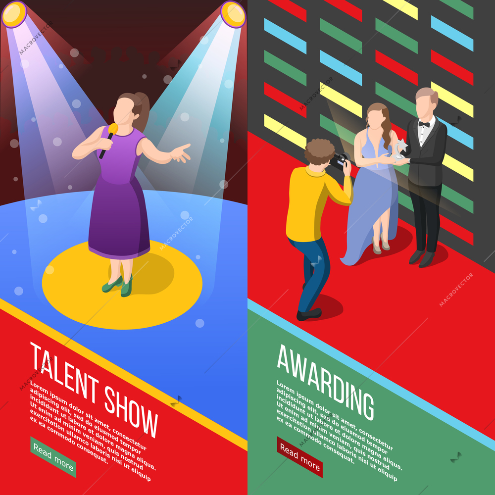 Set of vertical isometric banners with talent show tv program and performers with awards isolated vector illustration