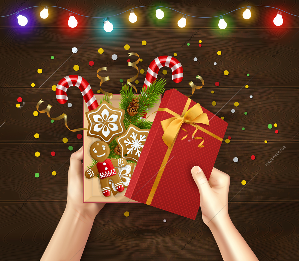 Christmas gift wood background with garland of colorful lights and open gift box in people hands realistic vector Illustration