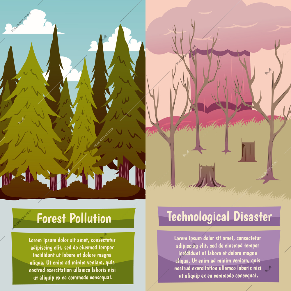 Man-made disasters 2 vertical orthogonal banners set with forest pollution and technological hazard isolated vector illustration