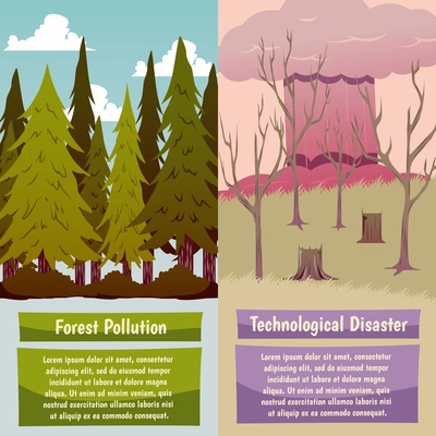 Man-made disasters 2 vertical orthogonal banners set with forest pollution and technological hazard isolated vector illustration