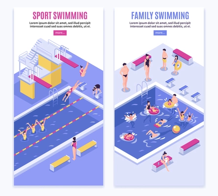 Isometric swimming pool vertical banners set with images of pool swimmers text and read more button vector illustration