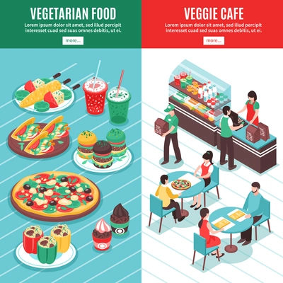 Vegetarian vertical banners with veggie cafe isometric composition dessert icons and dishes cooking from vegetables vector illustration