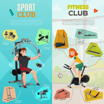 Vertical banners with people and exercise equipment of sport club on pastel background isolated vector illustration