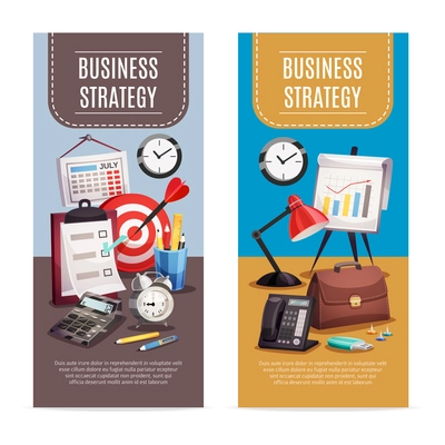 Business strategy 2 vertical colorful banners set with office workplace retro clock target planner isolated vector illustration