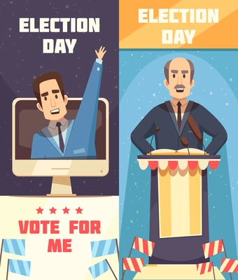 Politics election campaigning 2 cartoon vertical banners set with racing for president candidate speech isolated vector illustration