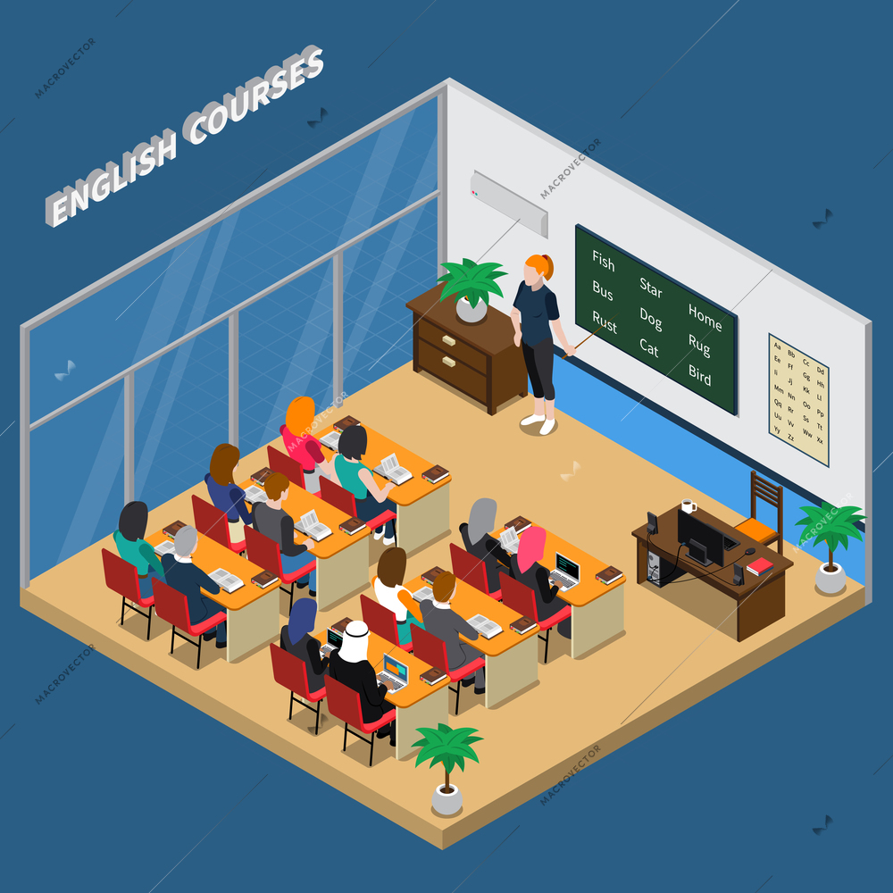English courses in classroom with teacher near blackboard and students isometric composition on blue background vector illustration