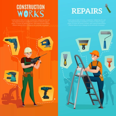 Set of vertical banners with workers and building tools for construction site and repairs isolated vector illustration