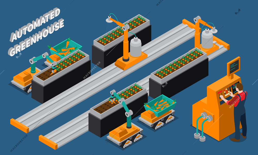 Automated greenhouse isometric composition with farming robots and worker near control panel on blue background vector illustration