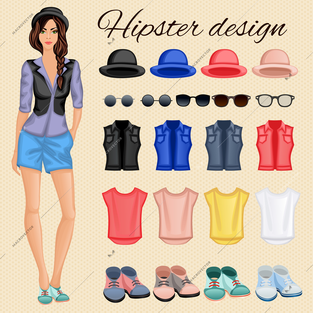 Hipster character pack design elements for female girl with accessory and clothing isolated vector illustration