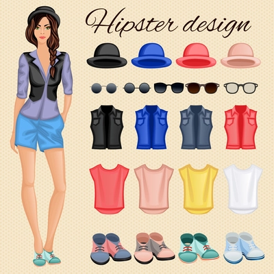 Hipster character pack design elements for female girl with accessory and clothing isolated vector illustration