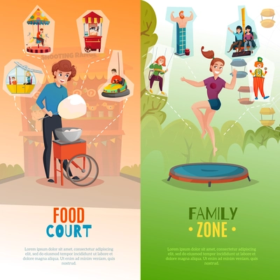 People in amusement park two vertical banners with food court and entertainment  zone flat backgrounds vector Illustration