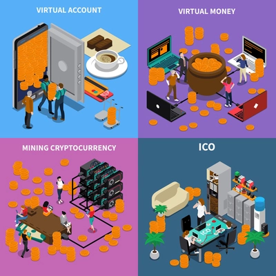 Isometric design concept with ico, virtual account and money, mining cryptocurrency isolated on color background vector illustration