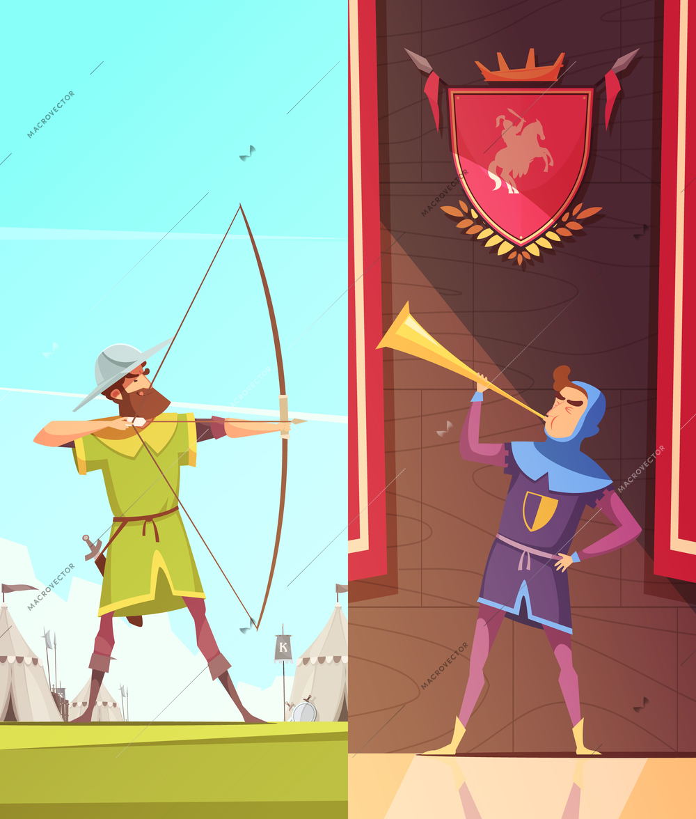 Medieval vertical cartoon banners set with horn blower under coats of arms and archer isolated vector illustration