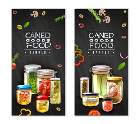 Vertical banners with canned food in glass jars on black background with sliced vegetables isolated vector illustration