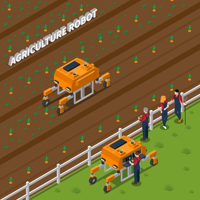 Isometric composition with remote agricultural robot during weeding, farming workers with control panel vector illustration