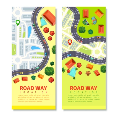 Roadway top view vertical banners with  transport location on city map, residential houses isolated vector illustration