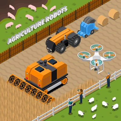 Isometric composition with farming robots including drone, combine, tractor during haying and workers with controllers vector illustration