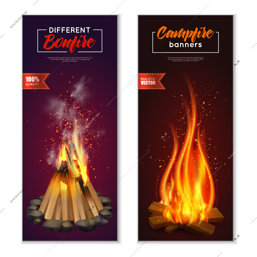 Campfire banners collection with images of fire chock with smoke on ambient background with editable text vector illustration