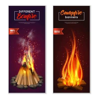 Campfire banners collection with images of fire chock with smoke on ambient background with editable text vector illustration