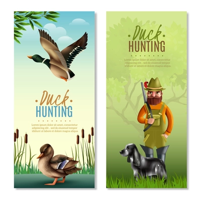 Duck hunting vertical banners including man with shotgun and dog, birds on nature background isolated vector illustration