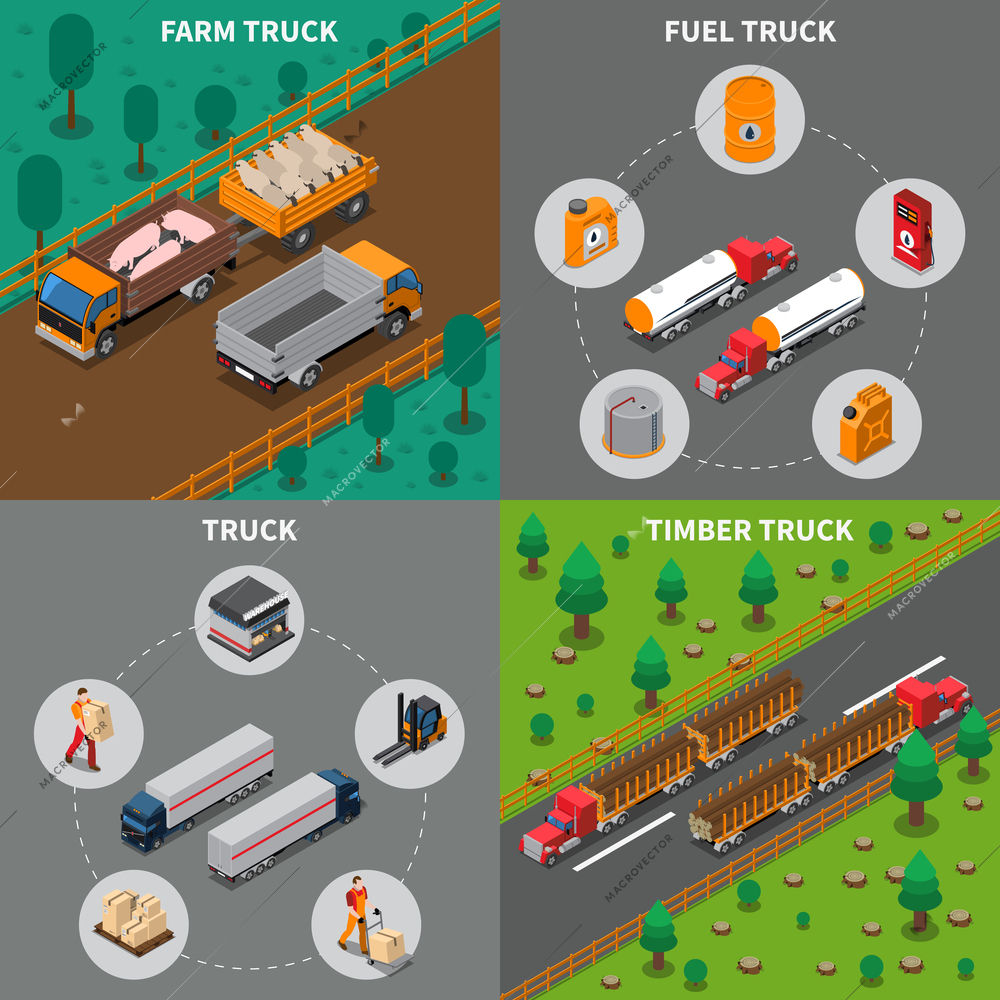 Heavy automotive vehicles isometric concept with trucks for farm, timber and fuel, cargo transportation isolated vector illustration