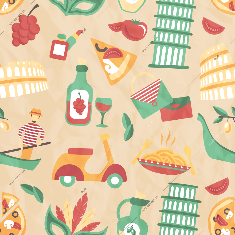 Italy seamless pattern with wine glass gondola olive oil vector illustration