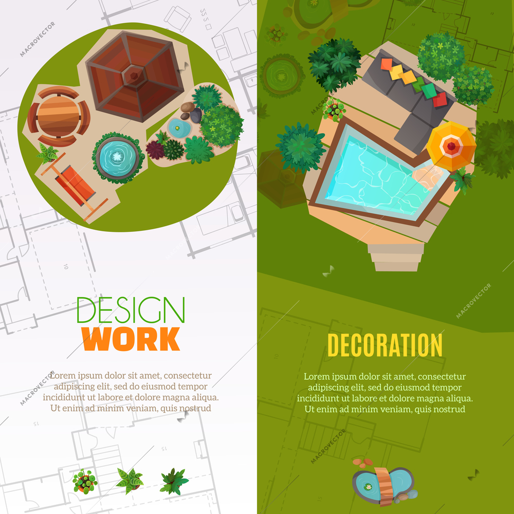 Set of vertical banners top view with design work and landscape decoration isolated vector illustration