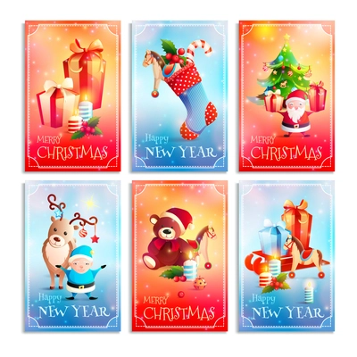 New year cartoon cards with greetings, gifts, santa, animals, festive decorations on sparkling background isolated vector illustration
