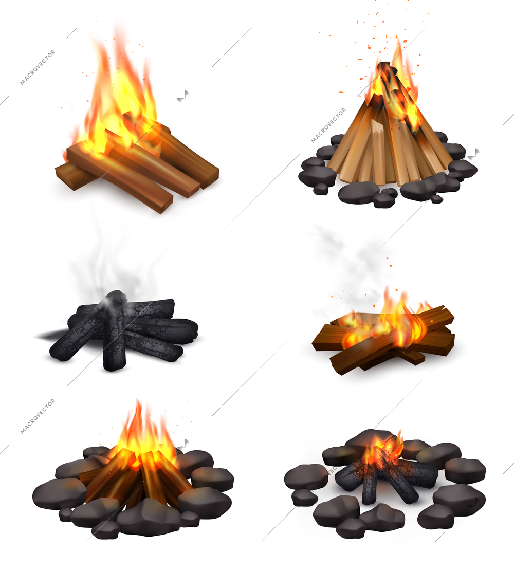 Realistic campfire smoke set of six isolated images with bonfire at various points of burning down vector illustration