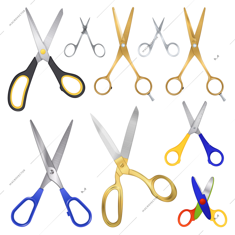 Set of realistic scissors images on blank background with different kinds of scissors for various purposes vector illustration