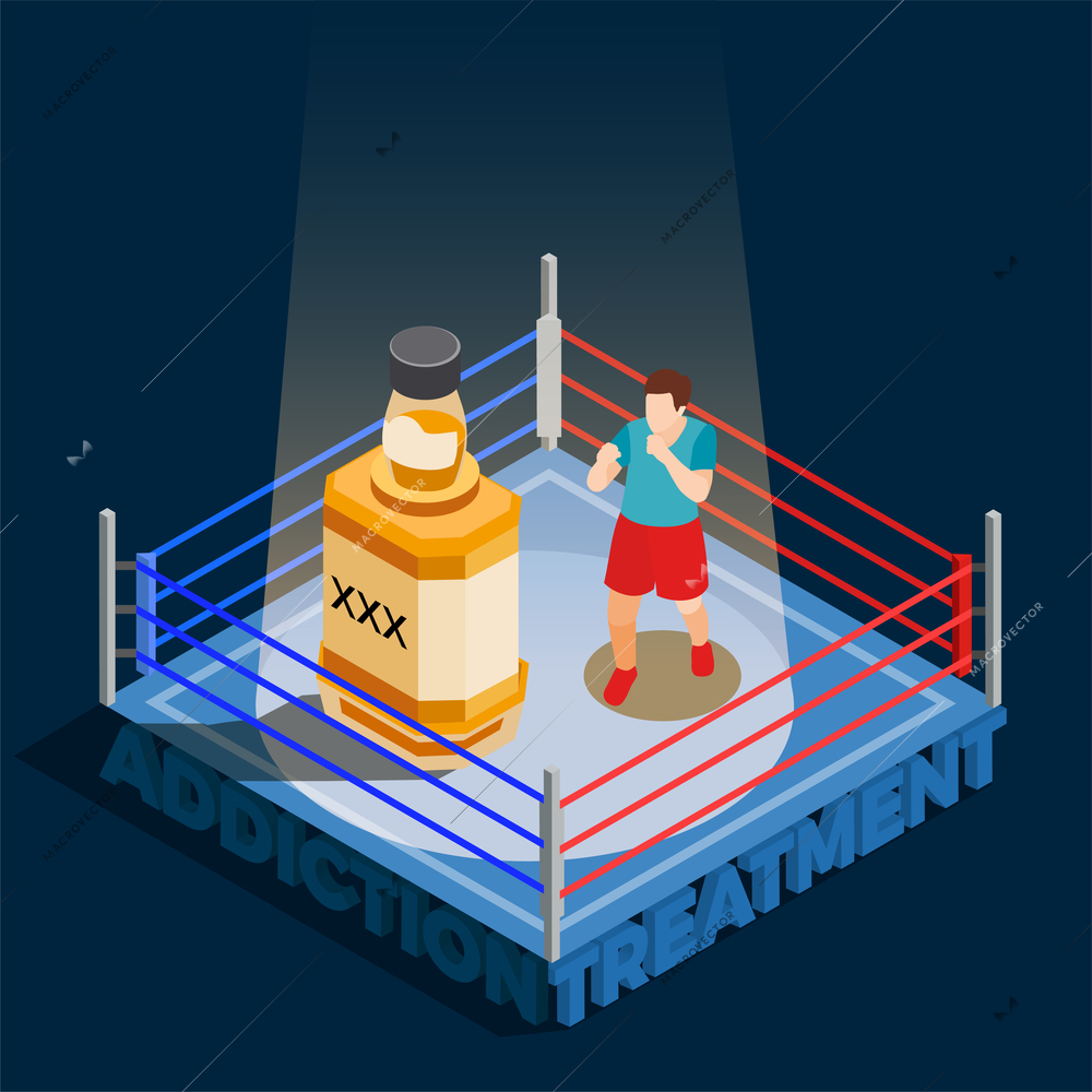 Addiction treatment isometric composition with man during boxing with bottle of alcohol on black background vector illustration