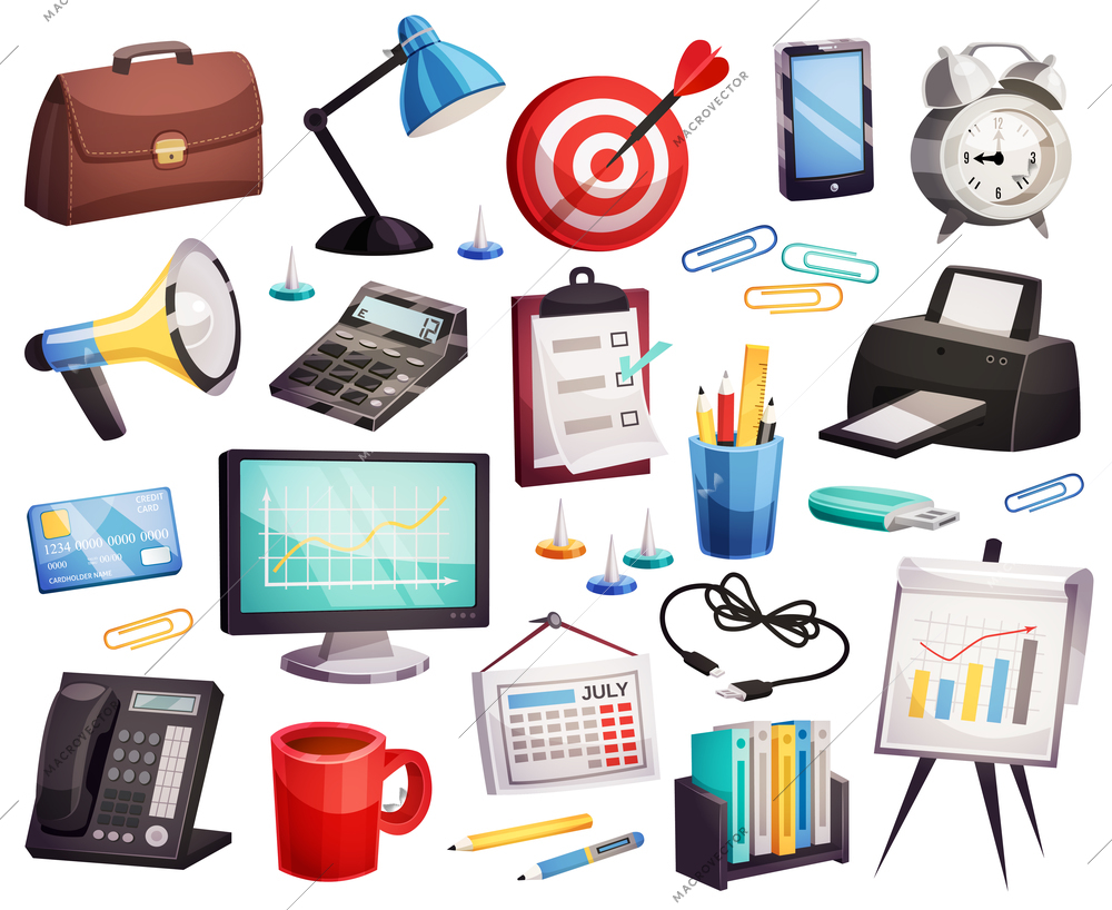 Business office accessories attributes symbols big icons collection with planner target clock briefcase  telephone isolated vector illustration