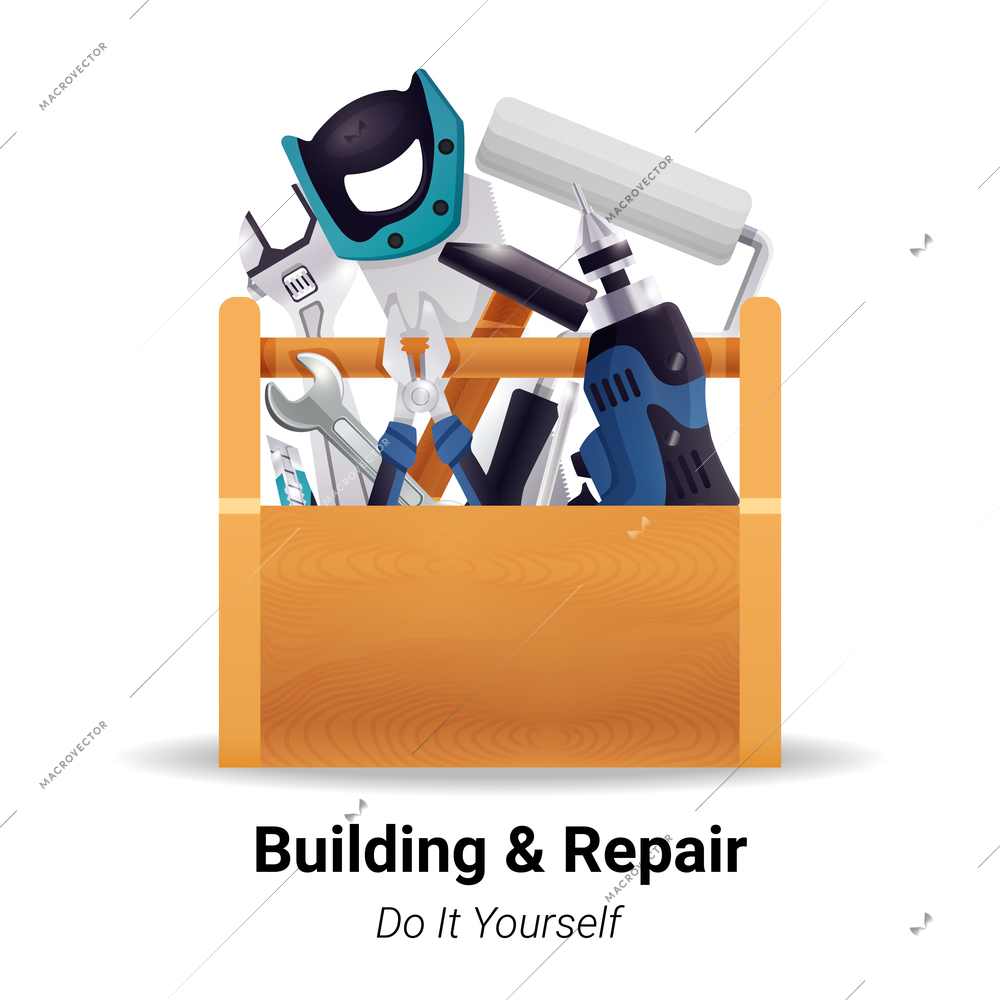 Woodworker carpenter repairman house renovation worker or do yourself instruments in wooden toolbox realistic image vector illustration