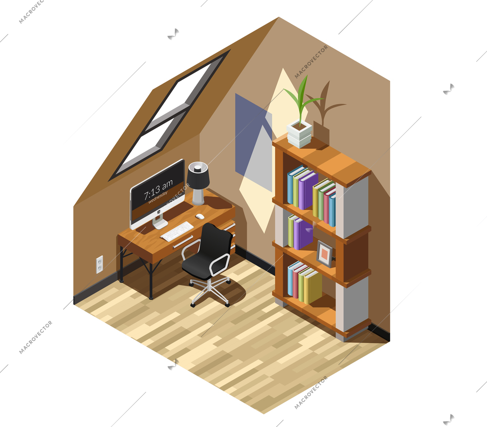 Home workplace interior in beige color with computer desk, bookcase, window in roof isometric composition vector illustration