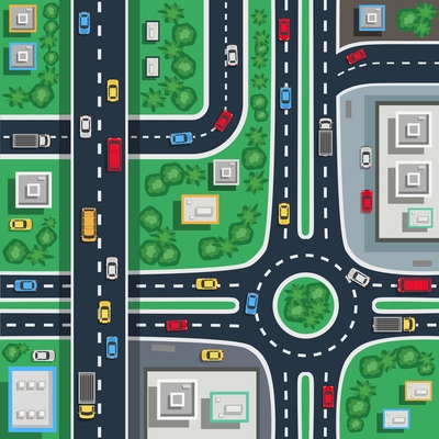 Traffic city roads intersections top view flat poster plan map detail toddler baby floor mat vector illustration