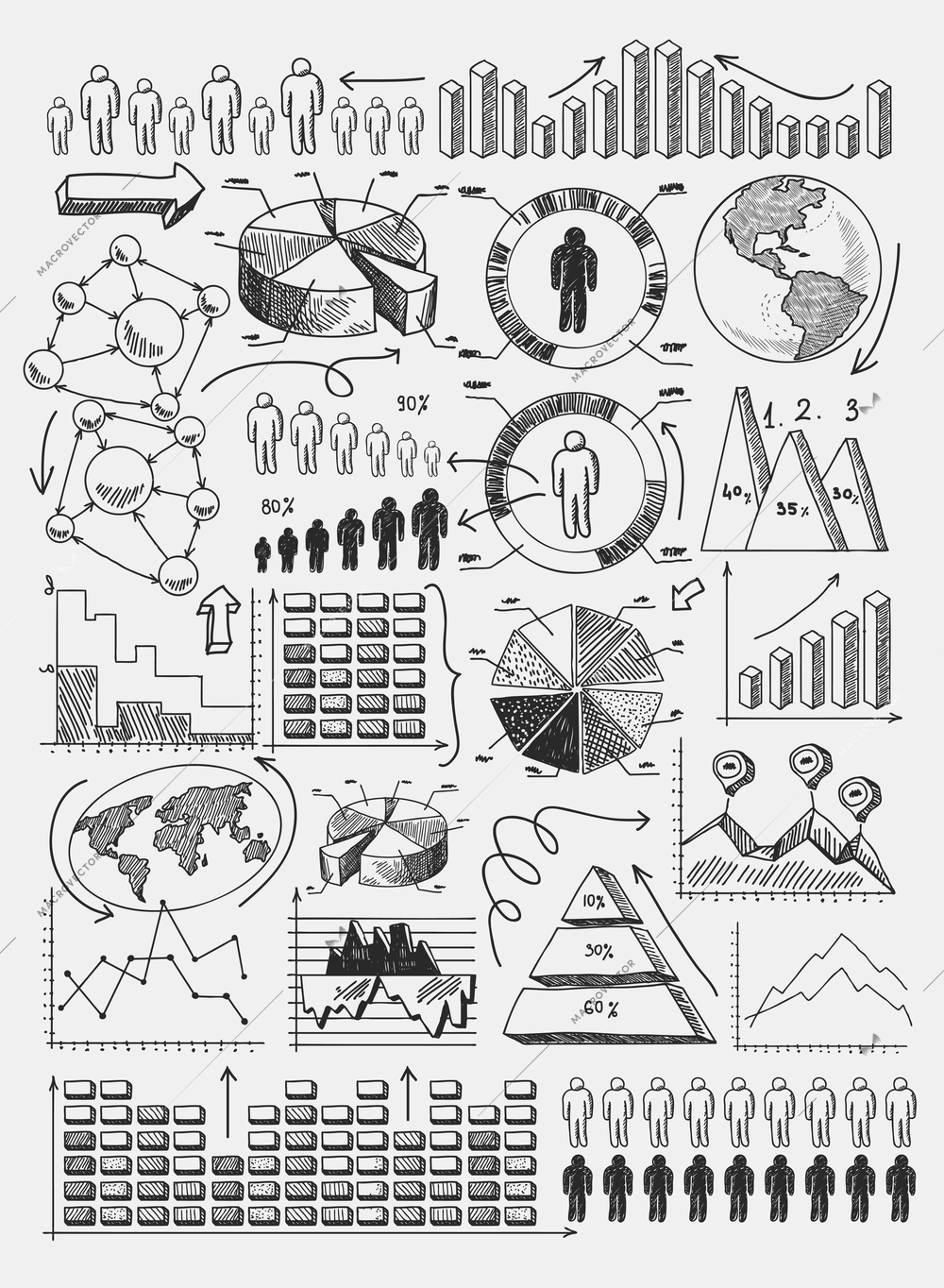 Sketch diagrams charts dot bar pie graphs infographics  set doodle vector illustration