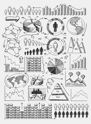 Sketch diagrams charts dot bar pie graphs infographics  set doodle vector illustration