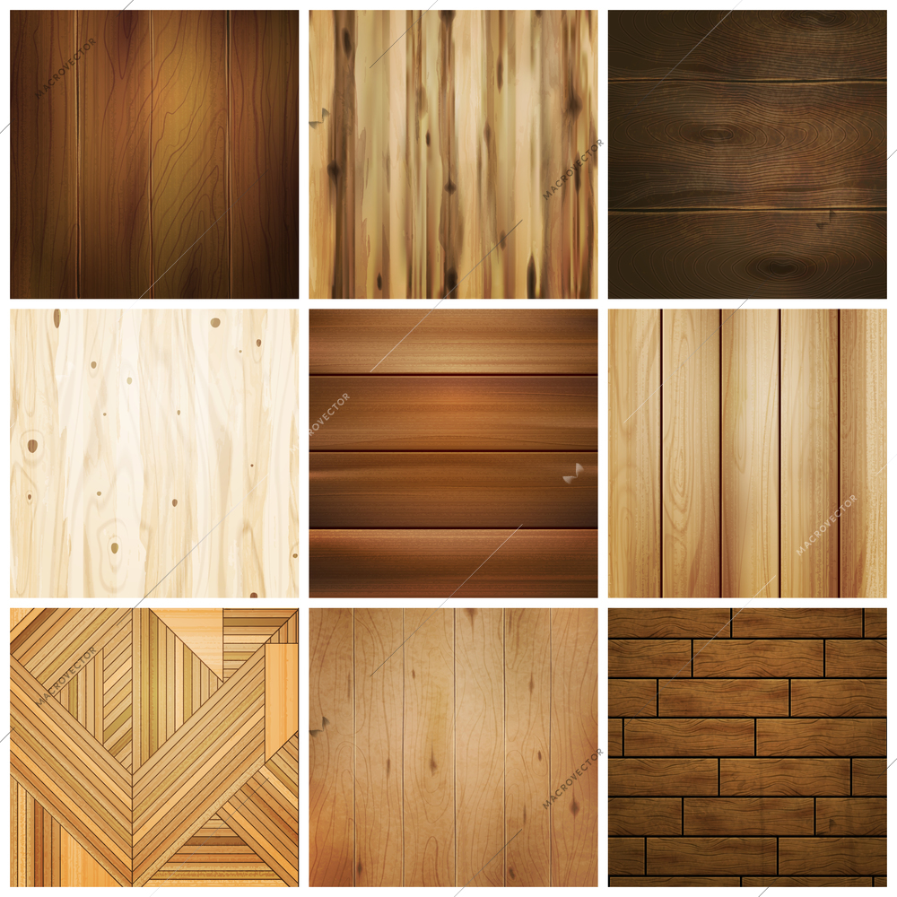 Realistic wooden floor texture set of isolated images with various square design patterns for flooring tile vector illustration