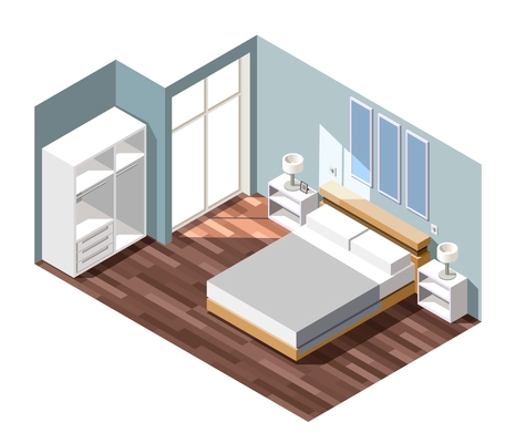 Bedroom interior with grey walls, night tables with lamps near bed, white wardrobe isometric composition vector illustration