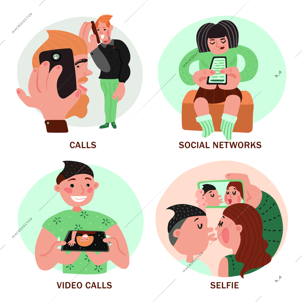 People with smartphones design concept with calls, video chat, social networks, couple making selfie isolated vector illustration