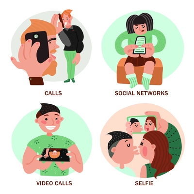 People with smartphones design concept with calls, video chat, social networks, couple making selfie isolated vector illustration