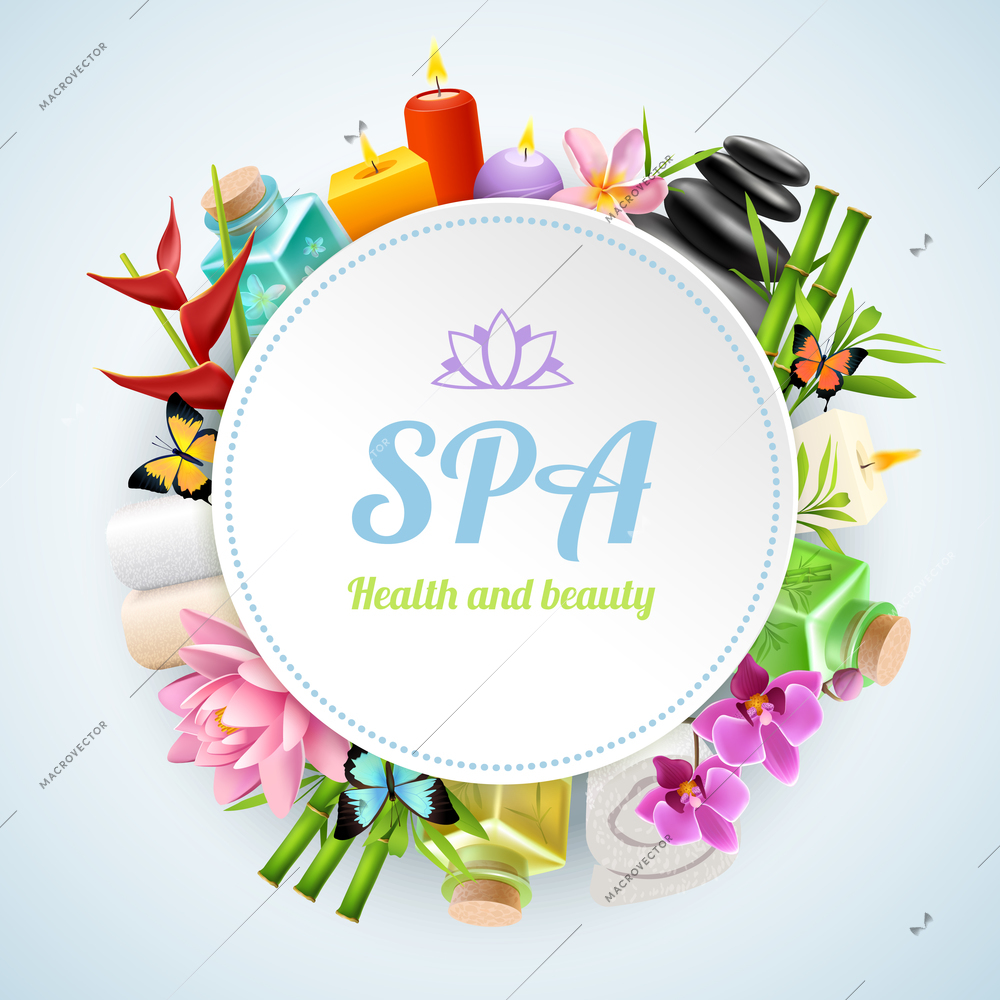 Spa round frame formed from set of spa treatment and cosmetology elements realistic vector illustration