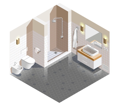 Bathroom interior isometric composition with beige white walls and grey tiled floor, shower, sanitary ware vector illustration