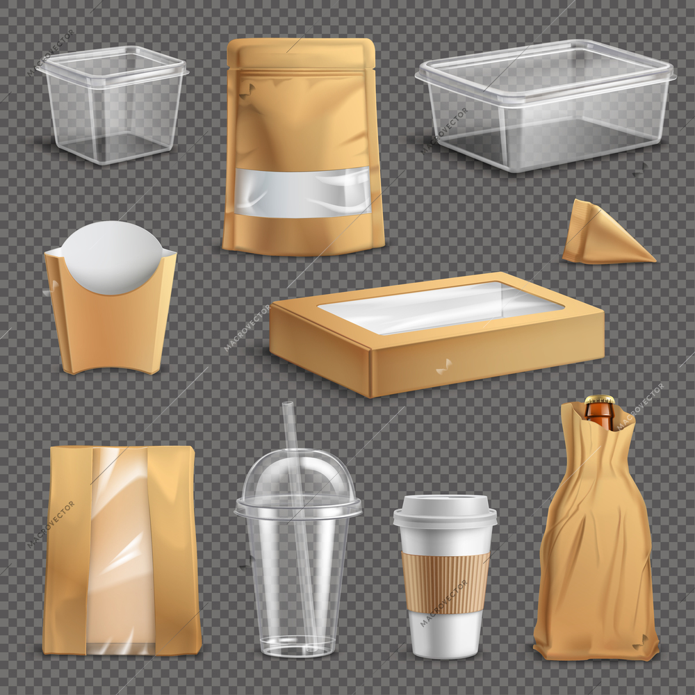 Fastfood packages realistic set with cup paper bags and containers dark transparent background isolated vector illustration