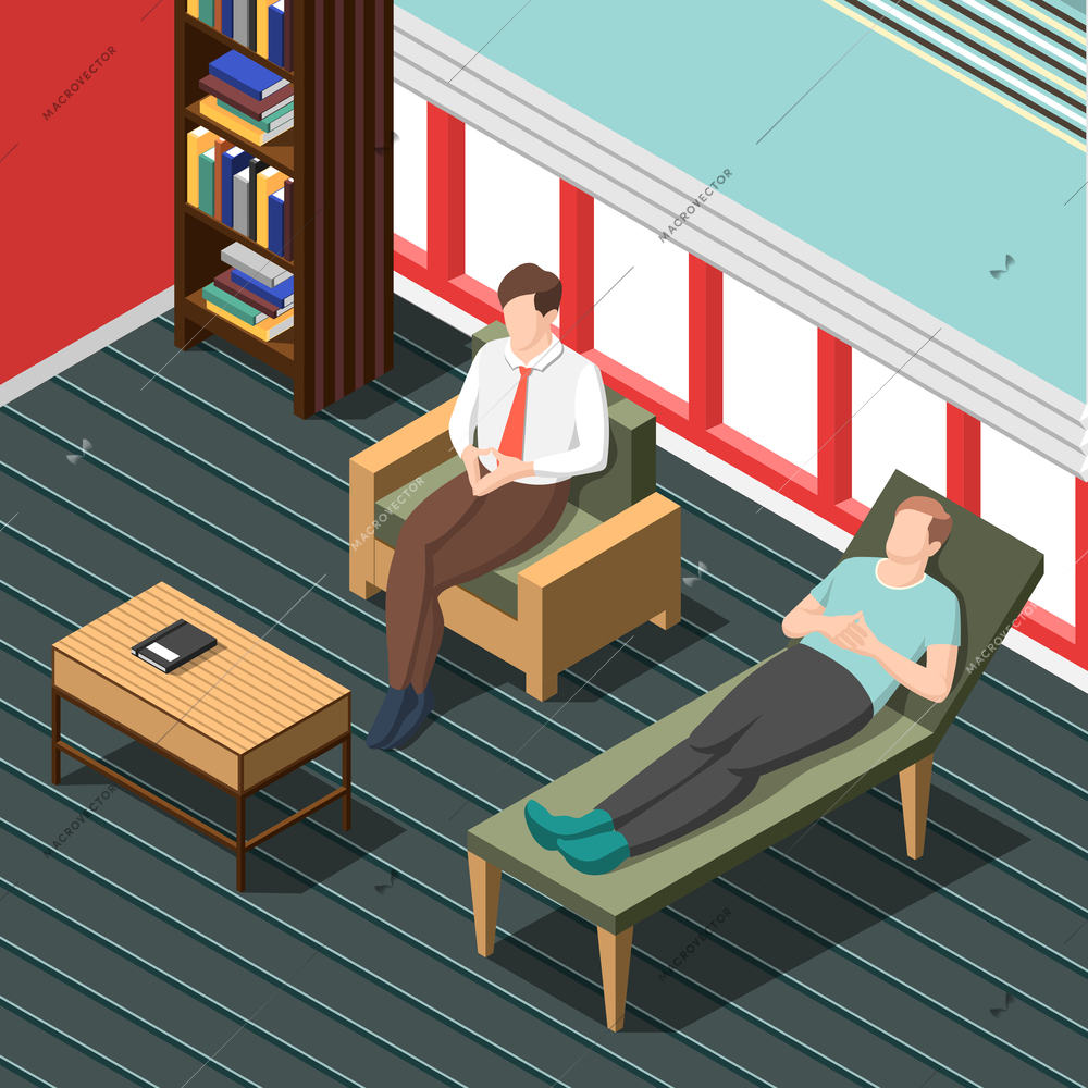 Psychotherapy counseling isometric background with doctor talking with patient lying on couch vector illustration